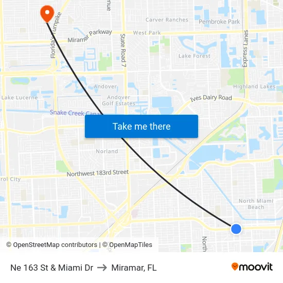 Ne 163 St & Miami Dr to Miramar, FL map