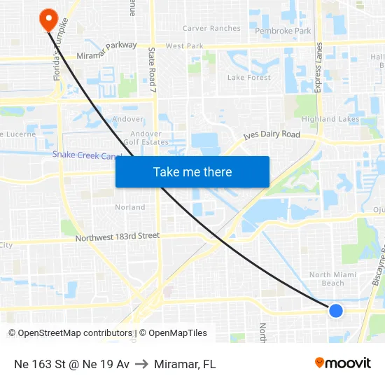 Ne 163 St @ Ne 19 Av to Miramar, FL map