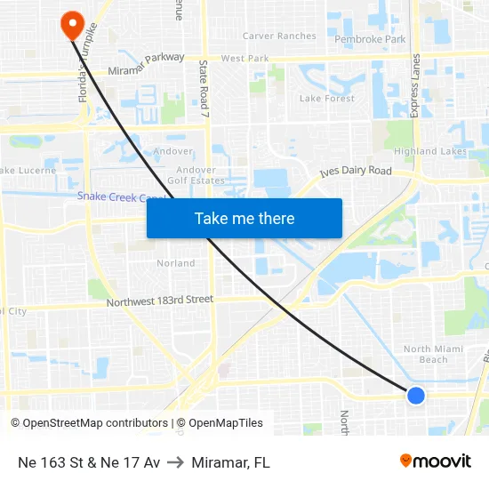 Ne 163 St & Ne 17 Av to Miramar, FL map