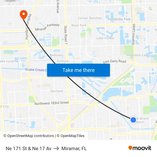 Ne 171 St & Ne 17 Av to Miramar, FL map