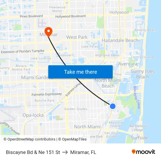Biscayne Bd & Ne 151 St to Miramar, FL map