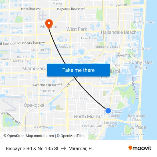 Biscayne Bd & Ne 135 St to Miramar, FL map