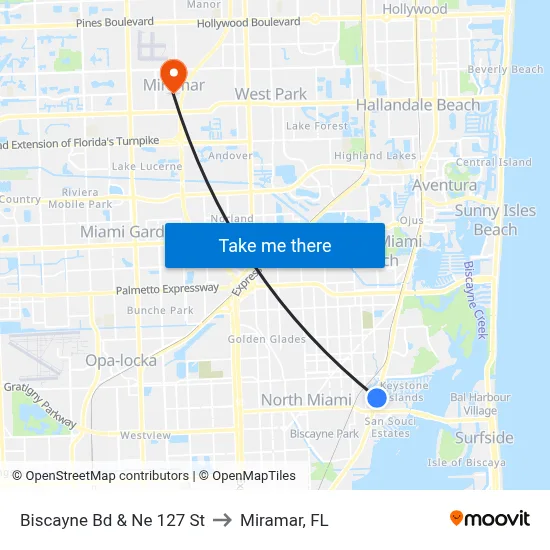 Biscayne Bd & Ne 127 St to Miramar, FL map