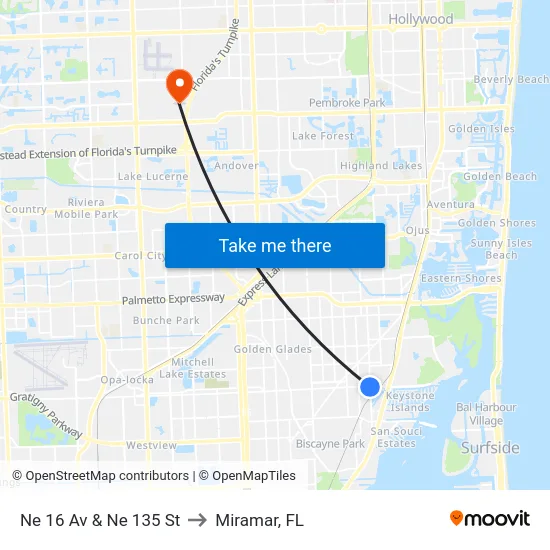 Ne 16 Av & Ne 135 St to Miramar, FL map