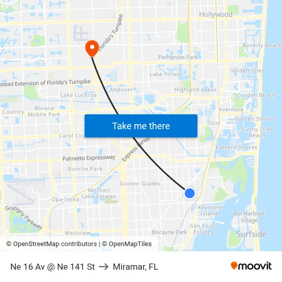 Ne 16 Av @ Ne 141 St to Miramar, FL map
