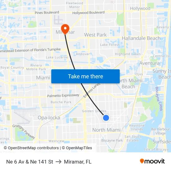 Ne 6 Av & Ne 141 St to Miramar, FL map