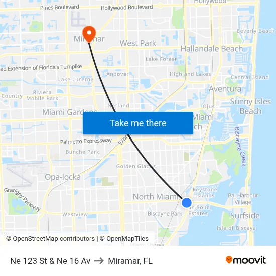 Ne 123 St & Ne 16 Av to Miramar, FL map