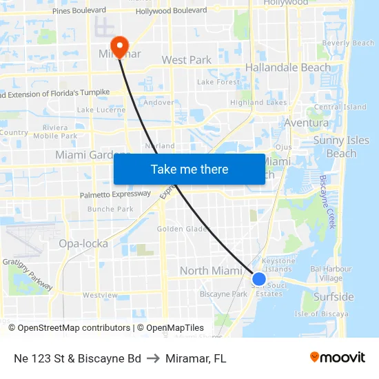Ne 123 St & Biscayne Bd to Miramar, FL map