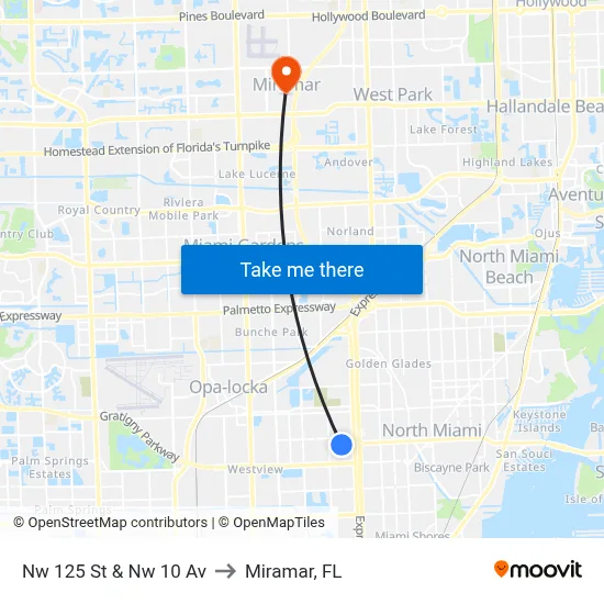 Nw 125 St & Nw 10 Av to Miramar, FL map