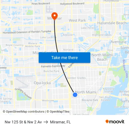 Nw 125 St & Nw 2 Av to Miramar, FL map