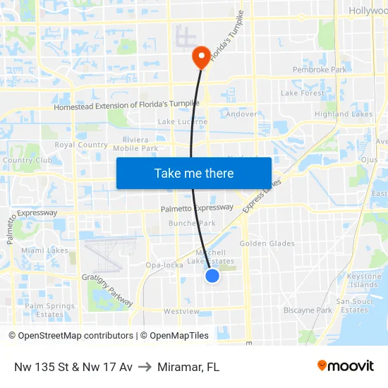 Nw 135 St & Nw 17 Av to Miramar, FL map