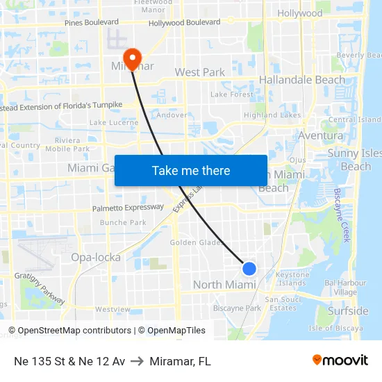 Ne 135 St & Ne 12 Av to Miramar, FL map