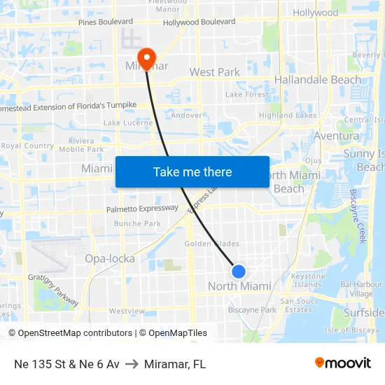 Ne 135 St & Ne 6 Av to Miramar, FL map