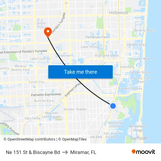 Ne 151 St & Biscayne Bd to Miramar, FL map