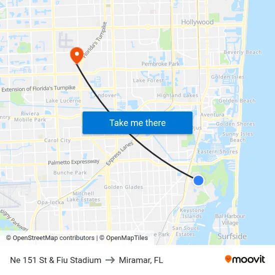 Ne 151 St & Fiu Stadium to Miramar, FL map