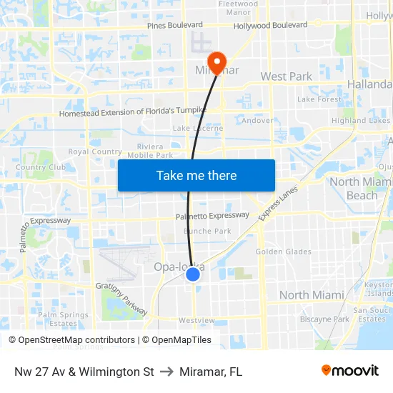 Nw 27 Av & Wilmington St to Miramar, FL map