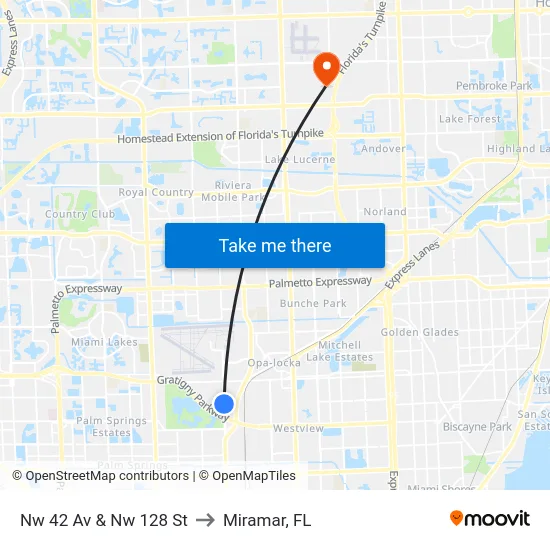 Nw 42 Av & Nw 128 St to Miramar, FL map
