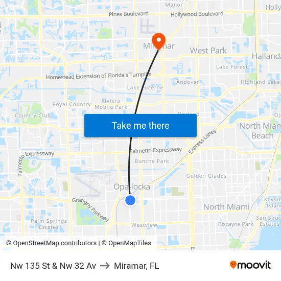 Nw 135 St & Nw 32 Av to Miramar, FL map