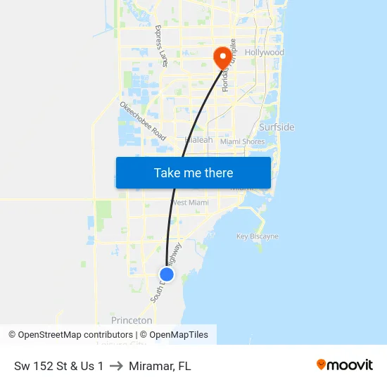 Sw 152 St & Us 1 to Miramar, FL map