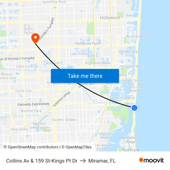 Collins Av & 159 St-Kings Pt Dr to Miramar, FL map