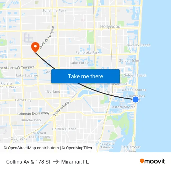 Collins Av & 178 St to Miramar, FL map