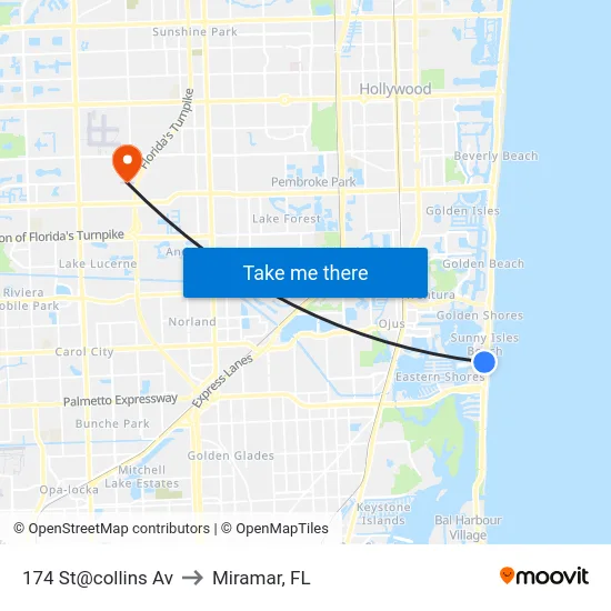 174 St@collins Av to Miramar, FL map