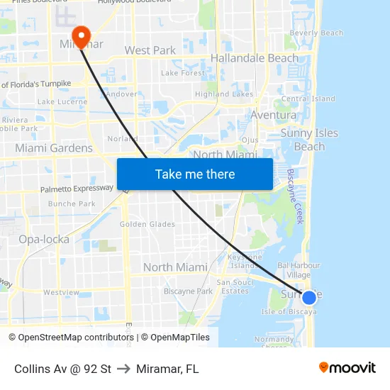Collins Av @ 92 St to Miramar, FL map