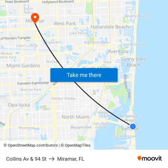 Collins Av & 94 St to Miramar, FL map