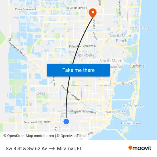 Sw 8 St & Sw 62 Av to Miramar, FL map