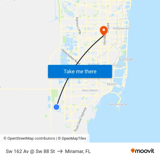 Sw 162 Av @ Sw 88 St to Miramar, FL map