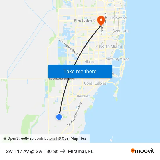 Sw 147 Av @ Sw 180 St to Miramar, FL map