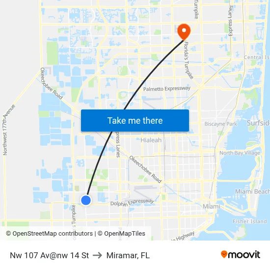 Nw 107 Av@nw 14 St to Miramar, FL map