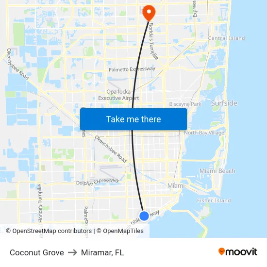 Coconut Grove to Miramar, FL map