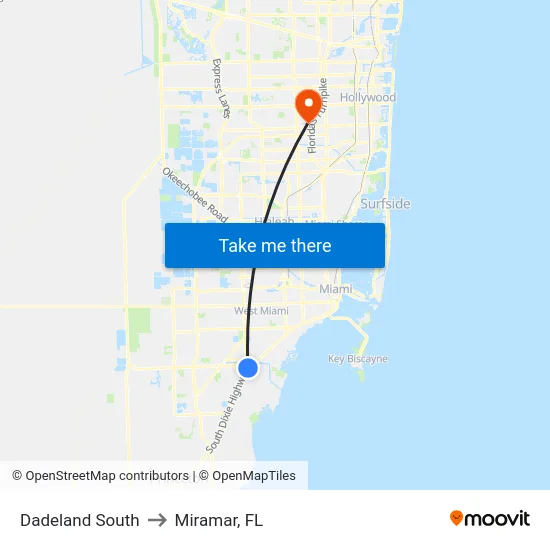 Dadeland South to Miramar, FL map