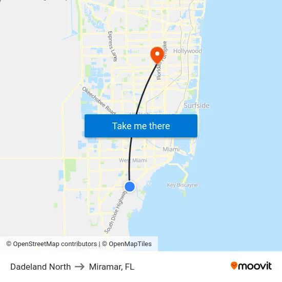 Dadeland North to Miramar, FL map