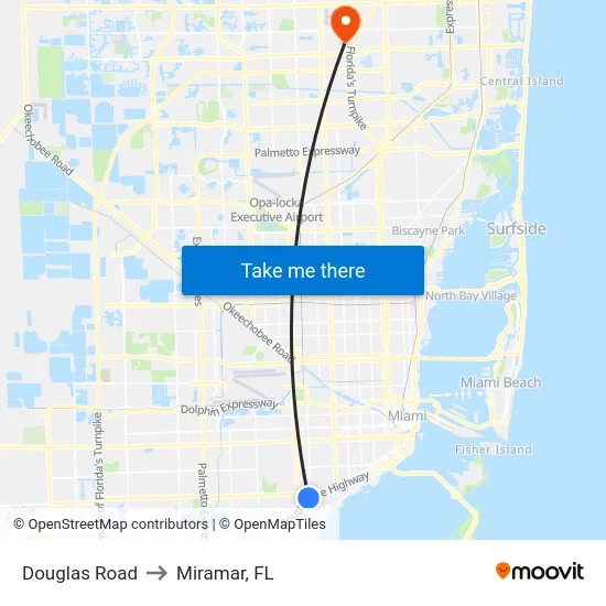 Douglas Road to Miramar, FL map