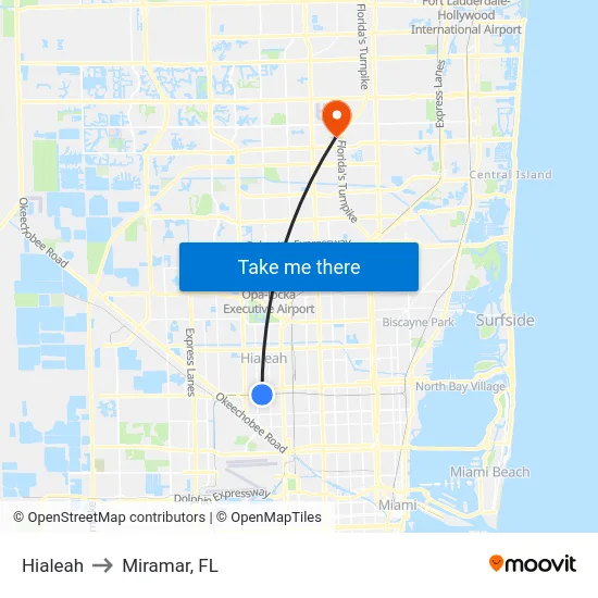 Hialeah to Miramar, FL map