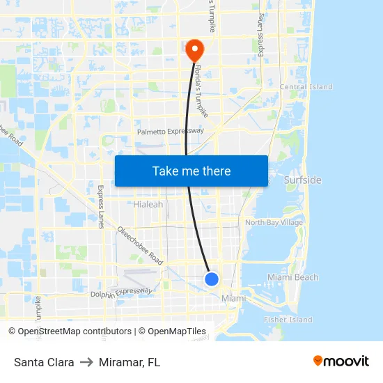 Santa Clara to Miramar, FL map