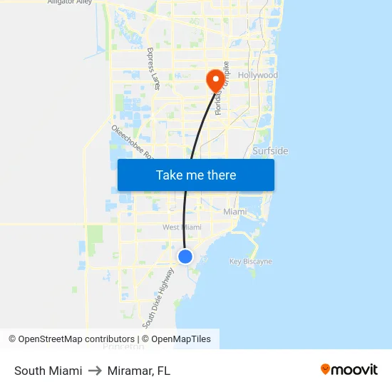 South Miami to Miramar, FL map