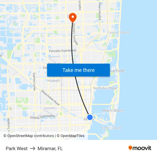 Park West to Miramar, FL map