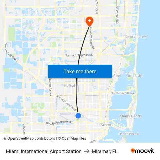 Miami International Airport Station to Miramar, FL map