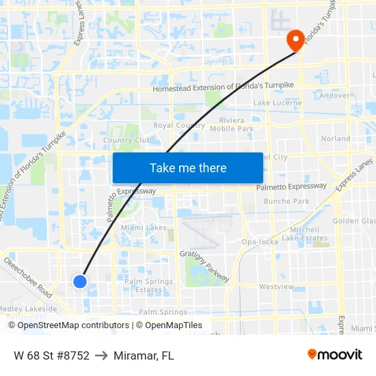 W 68 St #8752 to Miramar, FL map