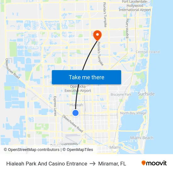 Hialeah Park And Casino Entrance to Miramar, FL map