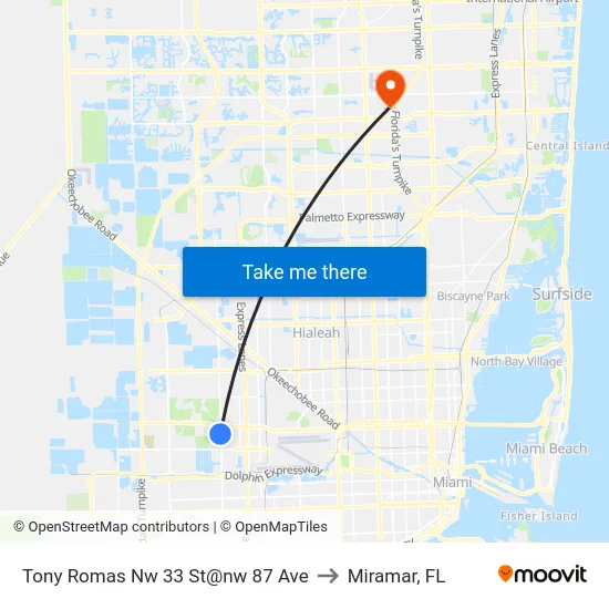 Tony Romas Nw 33 St@nw 87 Ave to Miramar, FL map