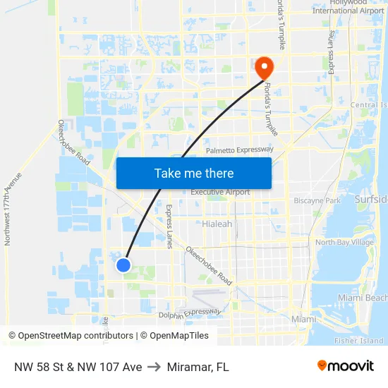 NW 58 St & NW 107 Ave to Miramar, FL map