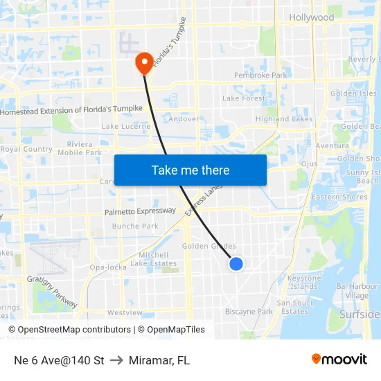 Ne 6 Ave@140 St to Miramar, FL map