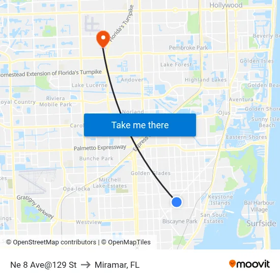 Ne 8 Ave@129 St to Miramar, FL map