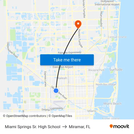 Miami Springs Sr. High School to Miramar, FL map