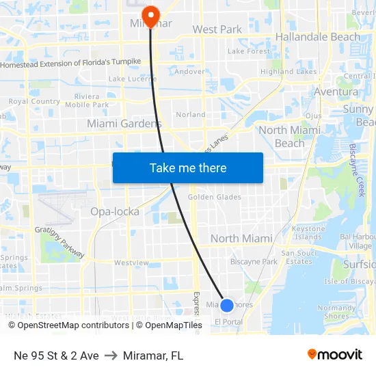 Ne 95 St & 2 Ave to Miramar, FL map