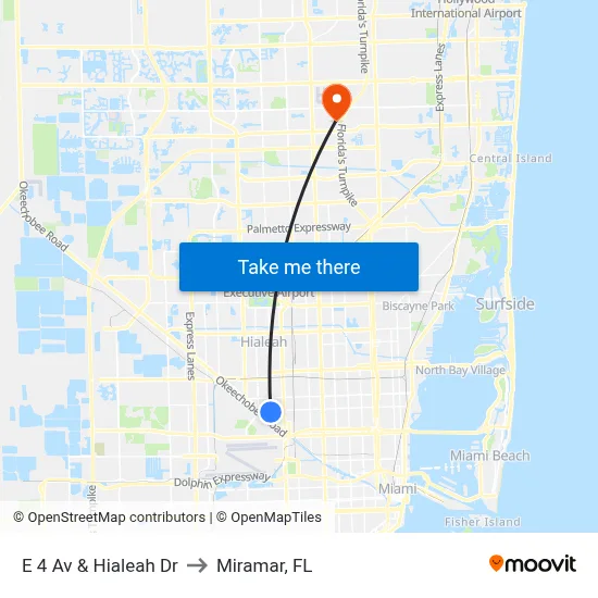 E 4 Av & Hialeah Dr to Miramar, FL map